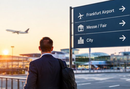 Reisender am Flughafen Frankfurt vor Wegweisern