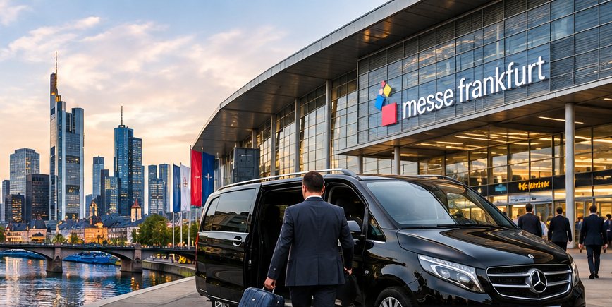 Frankfurter Skyline und Van vor der Messe Frankfurt